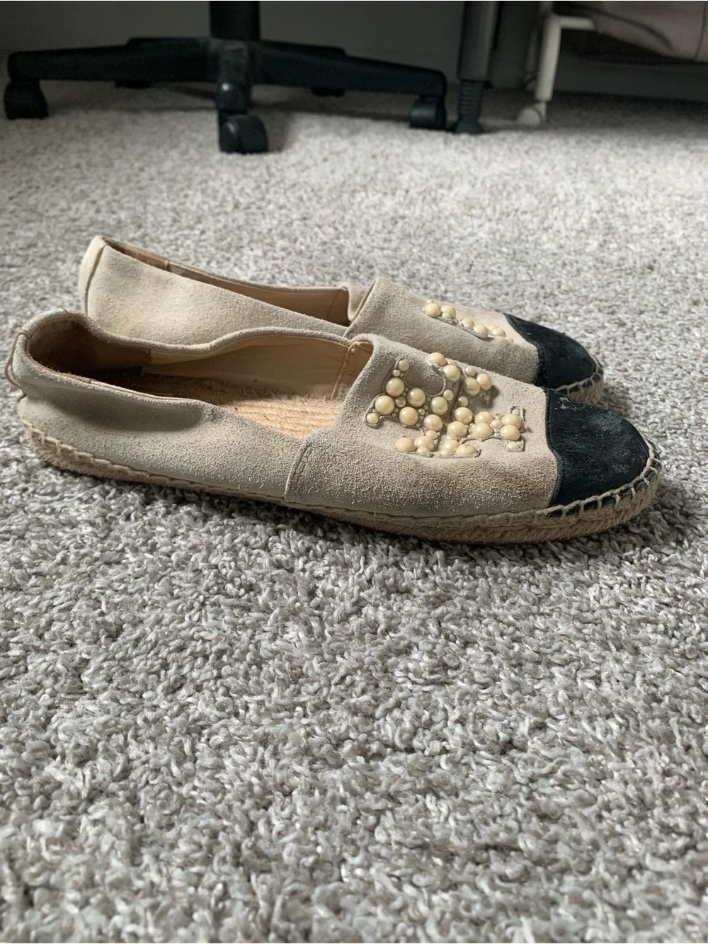Tory Burch Pearl Logo Beige Suede Slip-On Espadrilles with Black Toe